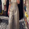 Regal Brocade Jumpsuit in Silver & Sky Blue