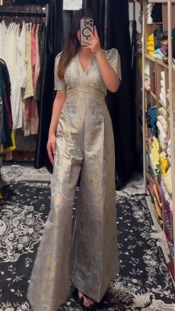 Regal Brocade Jumpsuit in Silver & Sky Blue