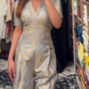 Regal Brocade Jumpsuit in Silver & Sky Blue