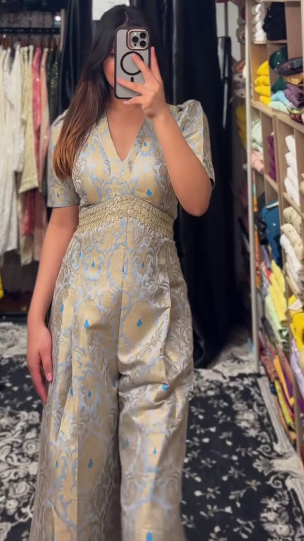 Regal Brocade Jumpsuit in Silver & Sky Blue