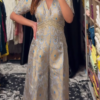Regal Brocade Jumpsuit in Silver & Sky Blue