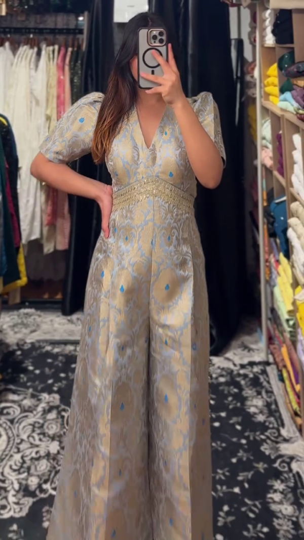 Regal Brocade Jumpsuit in Silver & Sky Blue