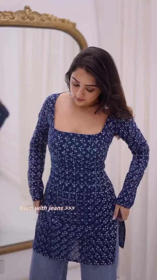 Navy Blue Printed Kurti with Jeans