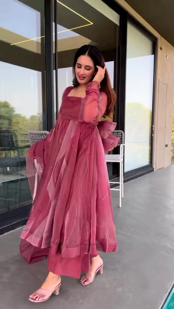 Dusty Rose Flared Kurta Set with Dupatta