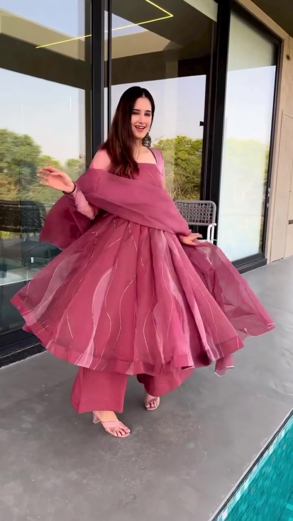 Dusty Rose Flared Kurta Set with Dupatta