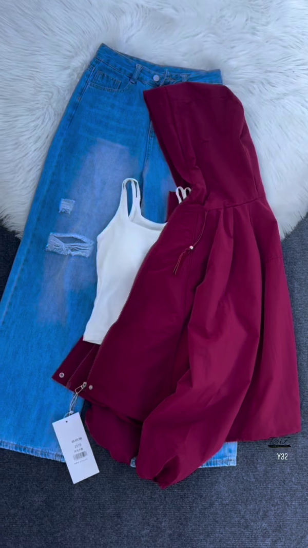 Beige Hooded Jacket with Ripped Blue Denim