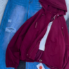Beige Hooded Jacket with Ripped Blue Denim