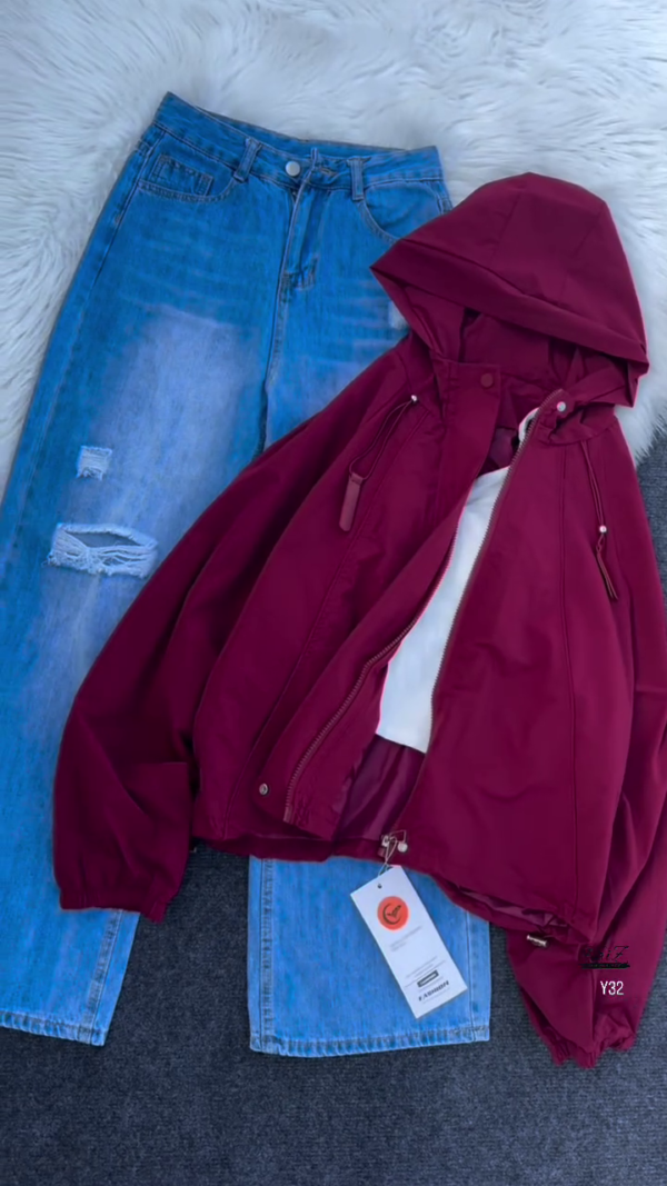 Beige Hooded Jacket with Ripped Blue Denim