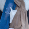 Beige Hooded Jacket with Ripped Blue Denim