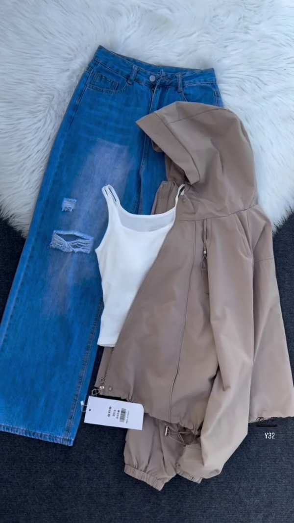 Beige Hooded Jacket with Ripped Blue Denim