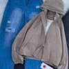 Beige Hooded Jacket with Ripped Blue Denim