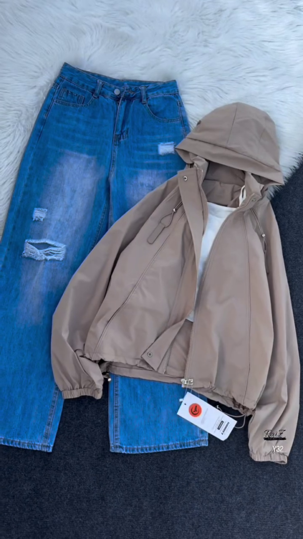 Beige Hooded Jacket with Ripped Blue Denim