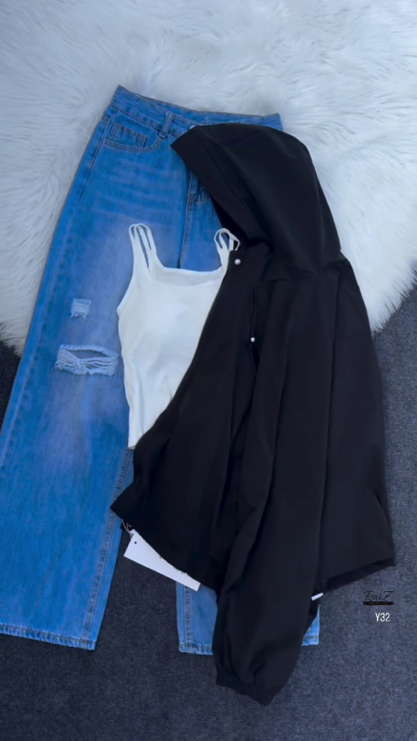 Beige Hooded Jacket with Ripped Blue Denim