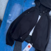 Beige Hooded Jacket with Ripped Blue Denim