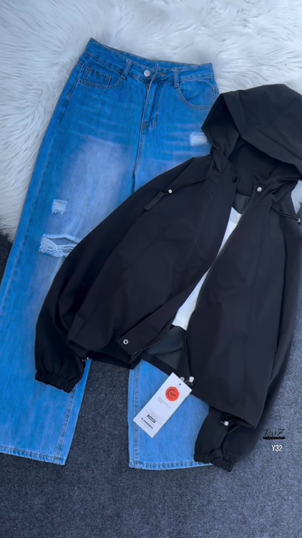 Beige Hooded Jacket with Ripped Blue Denim