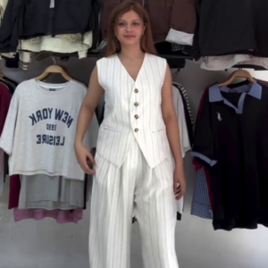 White Striped Co-ord Set with Sleeveless Vest & Wide-Leg Pants