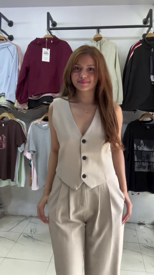 Beige Sleeveless Vest & Trousers Co-ord Set