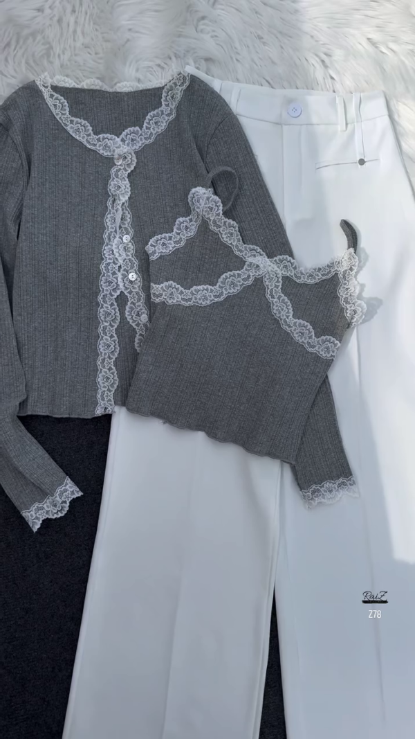Grey Lace-Trimmed Knit Top & White Pants Co-ord Set