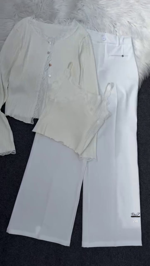 Grey Lace-Trimmed Knit Top & White Pants Co-ord Set