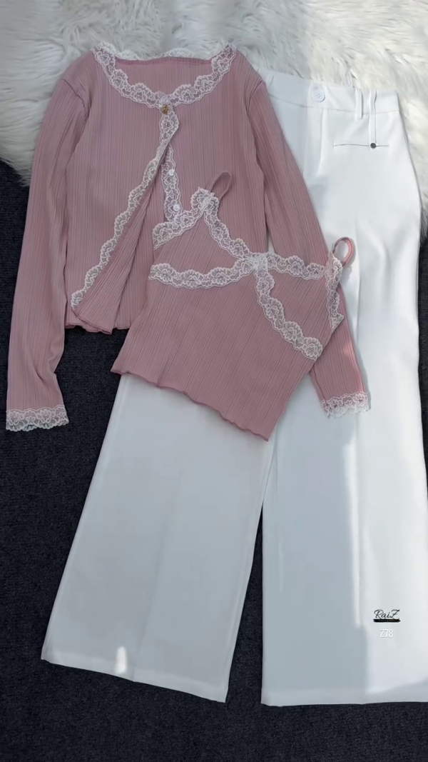 Grey Lace-Trimmed Knit Top & White Pants Co-ord Set