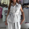570-1.png Elegant Beige Sleeveless Belted Top & Wide-Leg Pant Co-ord Set