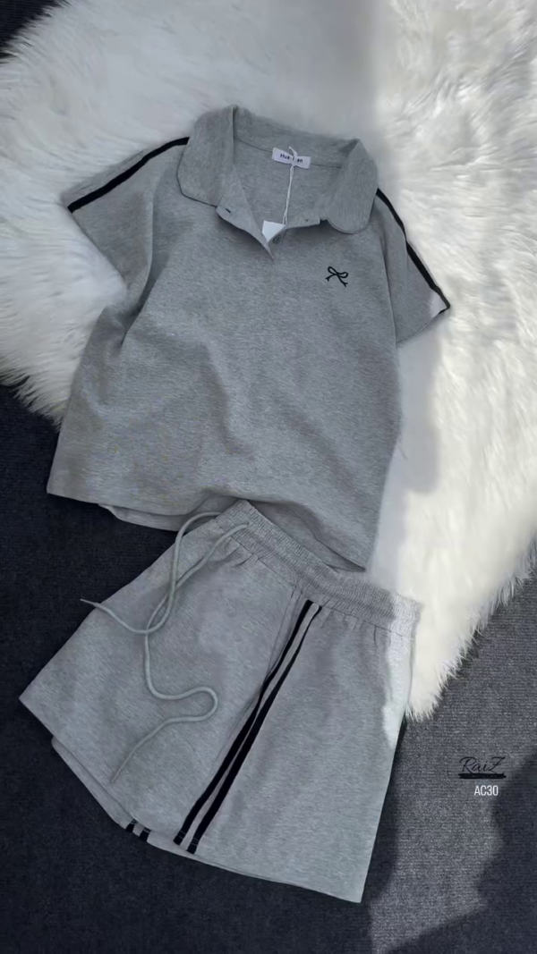 574-3.png Women’s Black Polo Collar T-Shirt & Striped Shorts Co-ord Set