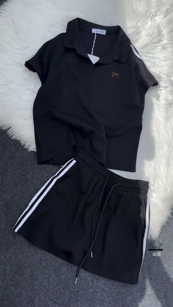 574-4.png Women’s Black Polo Collar T-Shirt & Striped Shorts Co-ord Set