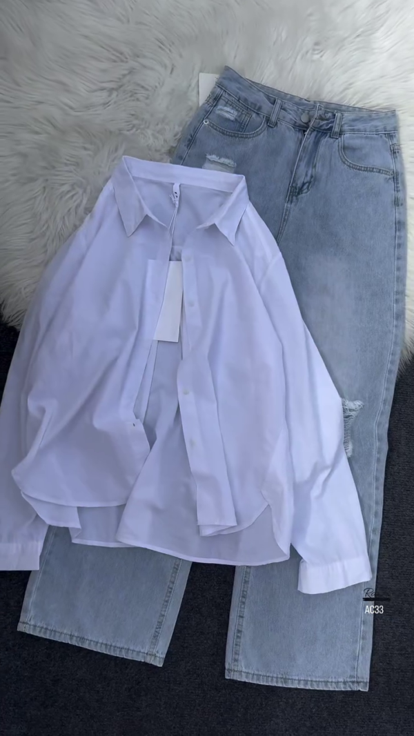 576-1.png Women’s Casual Layered Outfit – White Tank, Black Button-Up Shirt & Distressed Light-Wash Jeans
