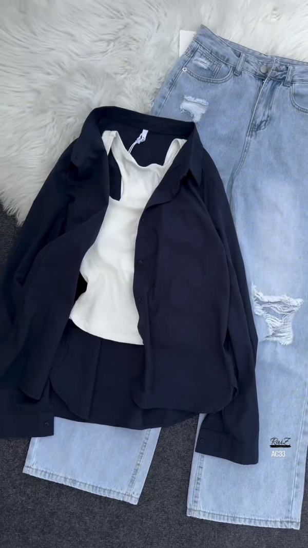 576-4.png Women’s Casual Layered Outfit – White Tank, Black Button-Up Shirt & Distressed Light-Wash Jeans
