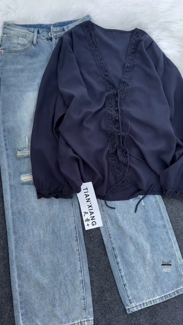 Women’s Elegant Black Lace Blouse with Light-Wash Distressed Jeans Set