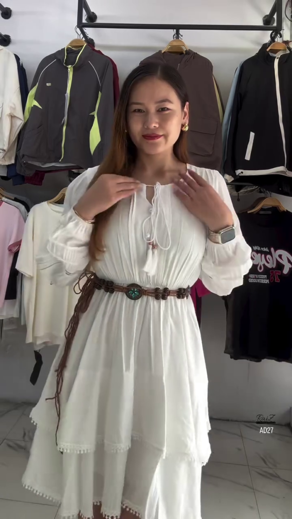 Women’s Cream Boho Long Sleeve Belted Mini Dress