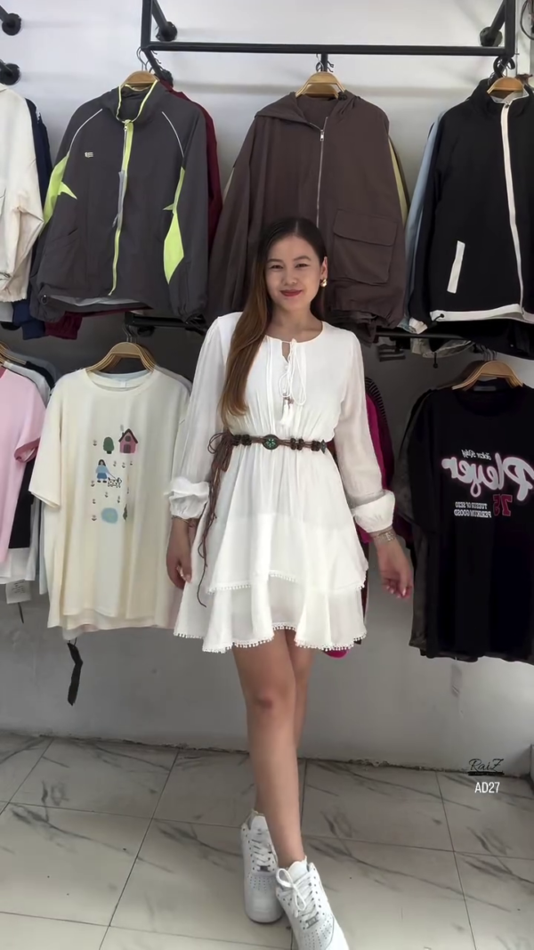 Women’s Cream Boho Long Sleeve Belted Mini Dress