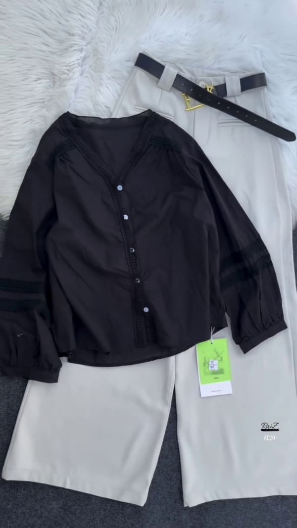 Women’s Black Button-Down Blouse with Beige Wide-Leg Trousers Set
