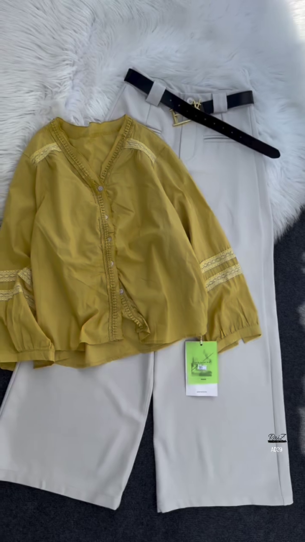 Women’s Black Button-Down Blouse with Beige Wide-Leg Trousers Set