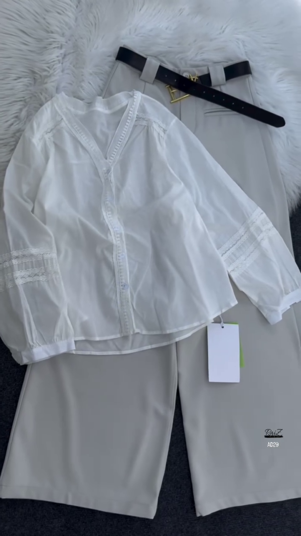 Women’s Black Button-Down Blouse with Beige Wide-Leg Trousers Set