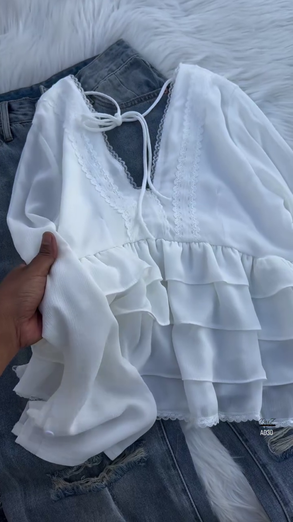 Women’s Layered Ruffle Blouse with Deep V-Neck (Available in Black & White)