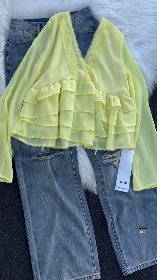 Women’s Layered Ruffle Blouse with Deep V-Neck (Available in Black & White)