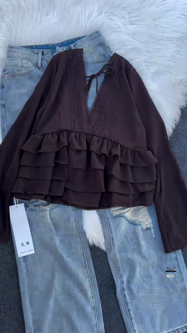 Women’s Layered Ruffle Blouse with Deep V-Neck (Available in Black & White)