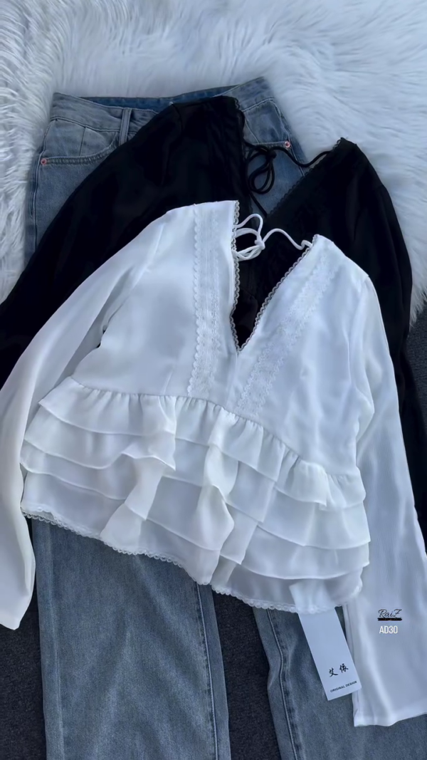 Women’s Layered Ruffle Blouse with Deep V-Neck (Available in Black & White)