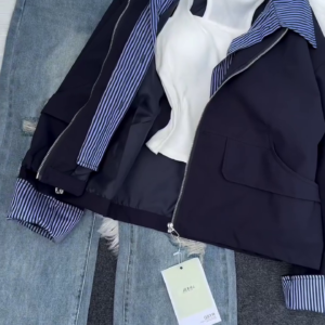 Women’s Casual Zip-Up Jacket with Striped Lining – Navy Blue
