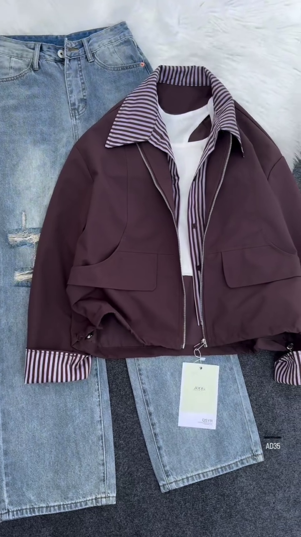 Women’s Casual Zip-Up Jacket with Striped Lining – Navy Blue