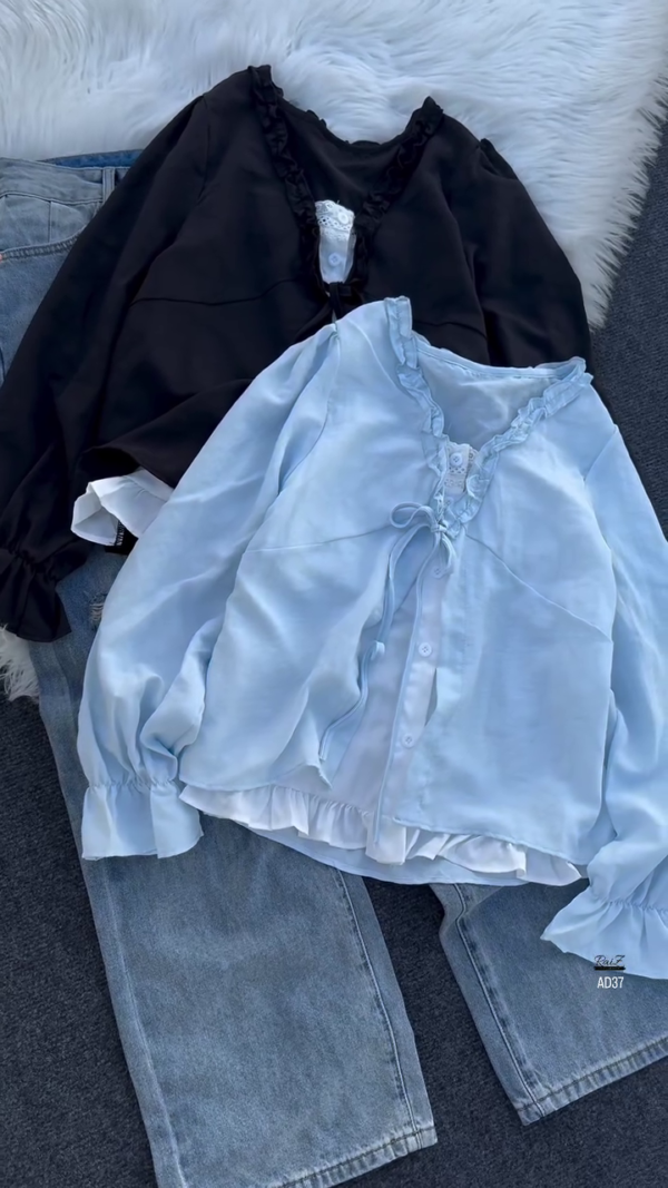 598-2.png Women’s Ruffled V-Neck Button Blouse with Lace Accent