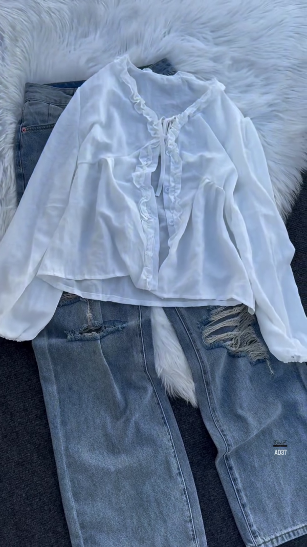 598-4.png Women’s Ruffled V-Neck Button Blouse with Lace Accent