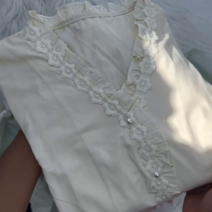 Women’s Lace-Trimmed V-Neck Blouse with Pearl Buttons