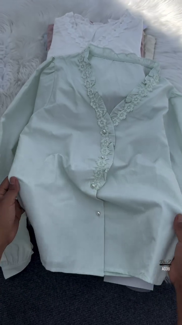 Women’s Lace-Trimmed V-Neck Blouse with Pearl Buttons
