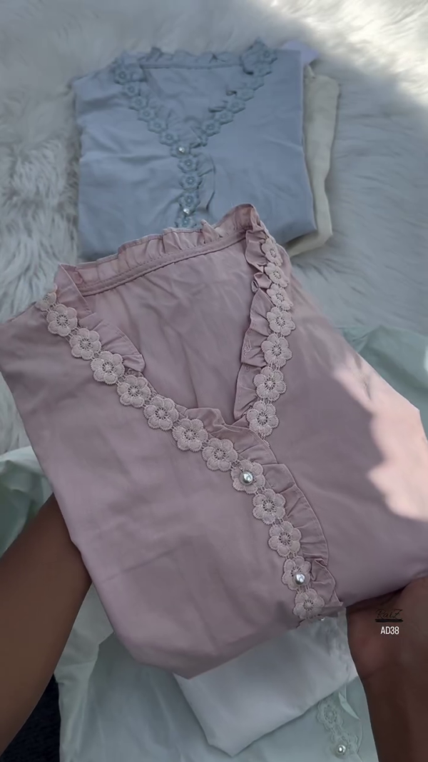 Women’s Lace-Trimmed V-Neck Blouse with Pearl Buttons