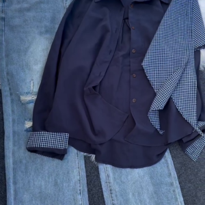 Women’s Button-Down Blouse with Detachable Checkered Scarf