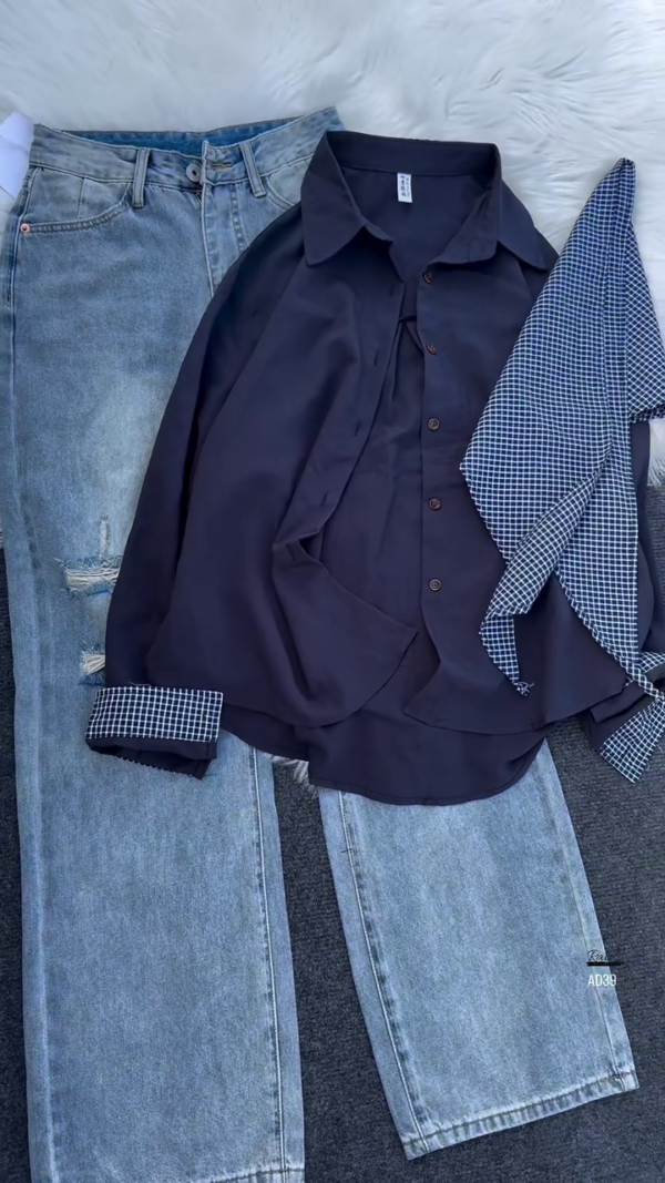 600-1.png Women’s Button-Down Blouse with Detachable Checkered Scarf
