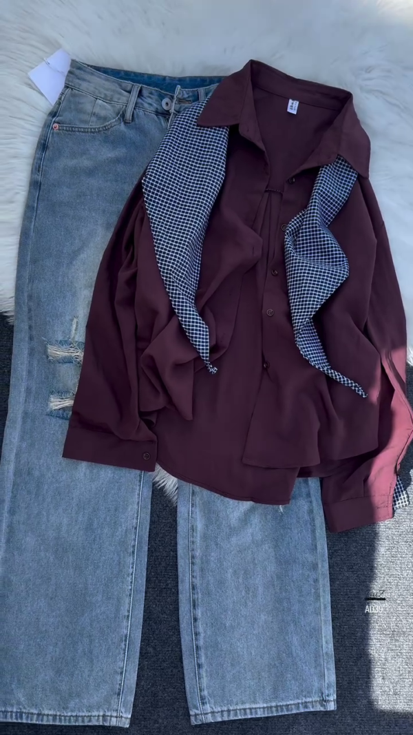 600-2.png Women’s Button-Down Blouse with Detachable Checkered Scarf