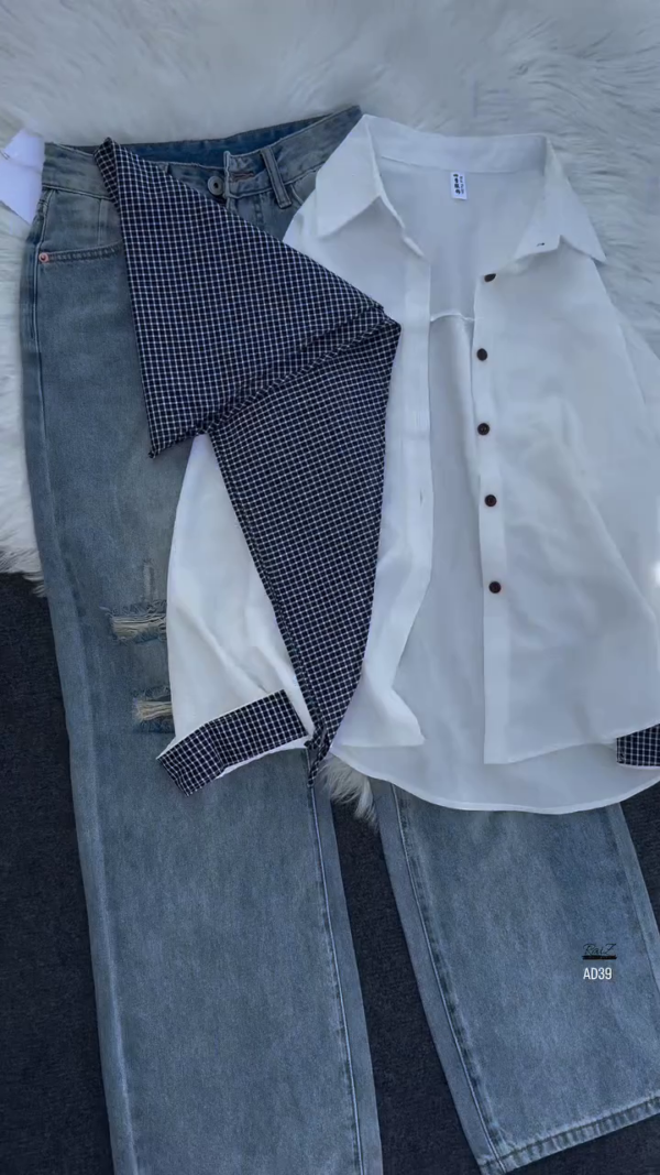 600-4.png Women’s Button-Down Blouse with Detachable Checkered Scarf